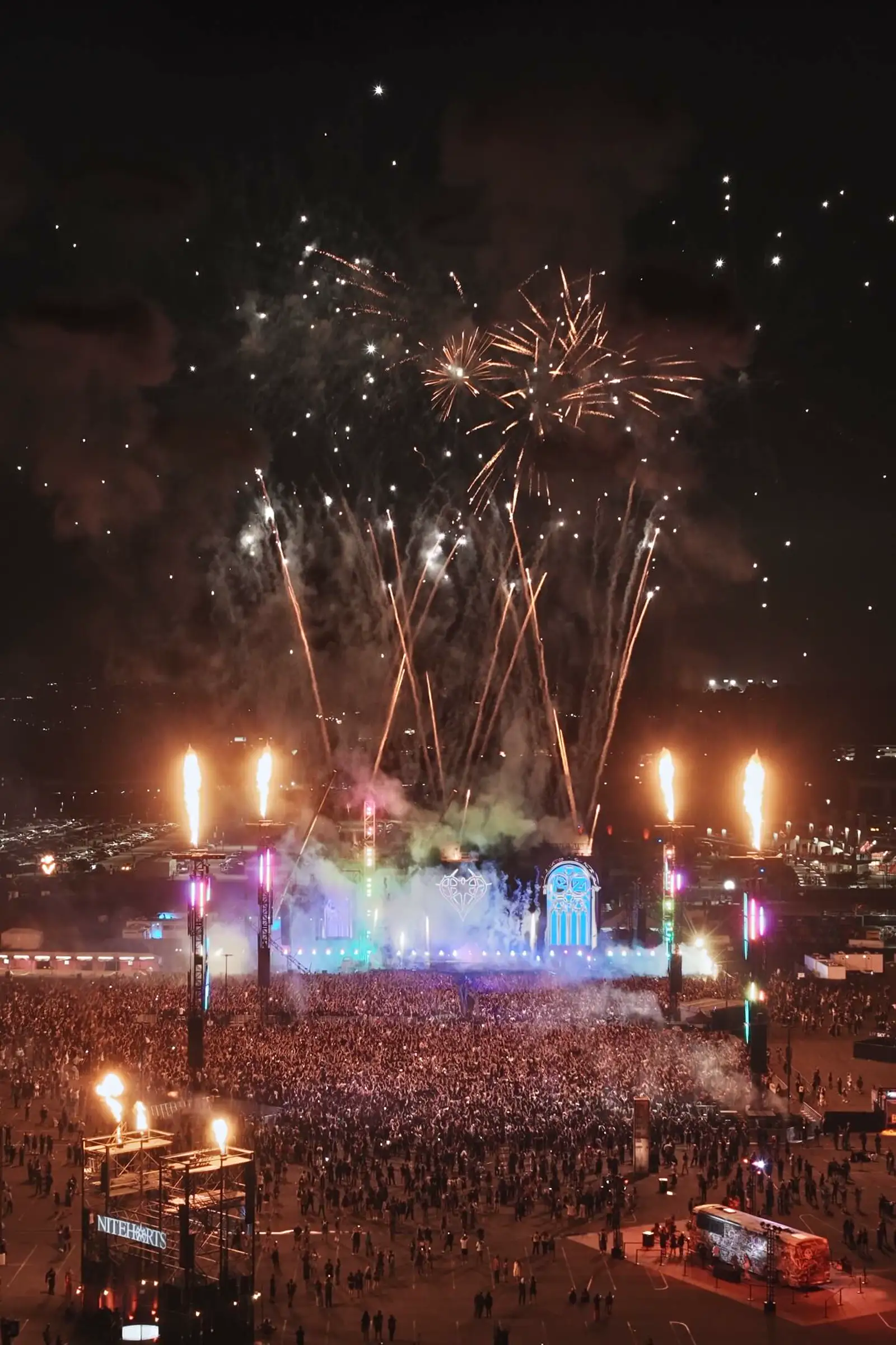 Festival fireworks and lasers filmed from above
