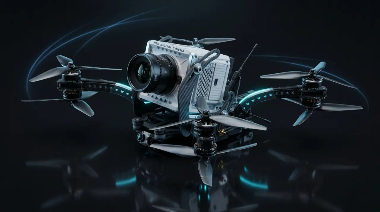Custom X8 cinelifter drone carrying a RED Komodo cinema camera, studio render
