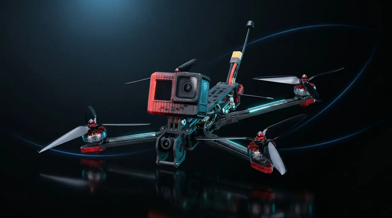 Custom FPV drone carrying a GoPro, studio render